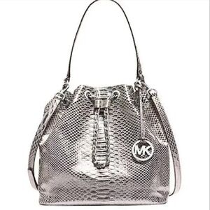 HOSTPICK🩶 MICHAEL KOR Frankie Metallic Silver Leather Snake Print Messenger Bag